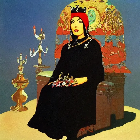 Image similar to an oil painting of a queen in a black funeral dress sitting on a throne, by bruce pennington, by ( eyvind earle ), nicholas roerich, by frank frazetta, by georgia o keeffe, by dean cornwell