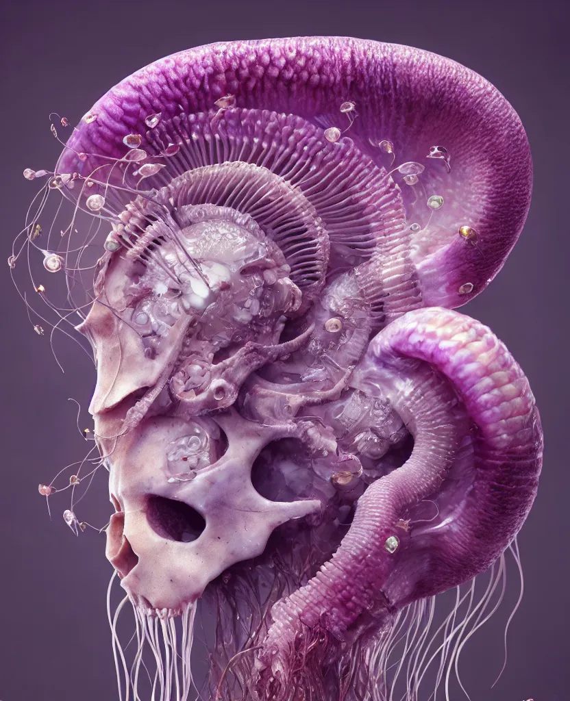 Image similar to goddess princess face close-up portrait ram skull. jellyfish phoenix head, nautilus, orchid, skull, betta fish, bioluminiscent creatures, intricate artwork by Tooth Wu and wlop and beeple. octane render, trending on artstation, greg rutkowski very coherent symmetrical artwork. cinematic, hyper realism, high detail, octane render, 8k