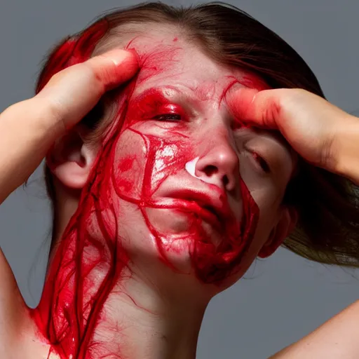 Prompt: headache being physically pulled out of a girl's head, red veins being pulled out of forehead, surreal photograph