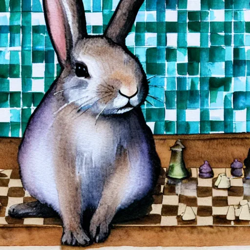 Image similar to a surprised rabbit sitting behind a chessboard, realistic watercolour