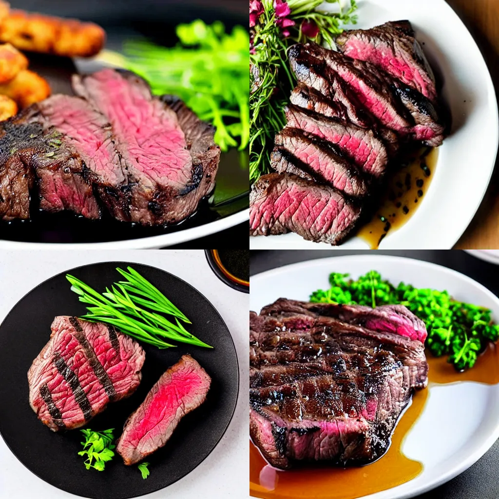 Prompt: A steak, fried rare, served on a black plate with some herb sauce