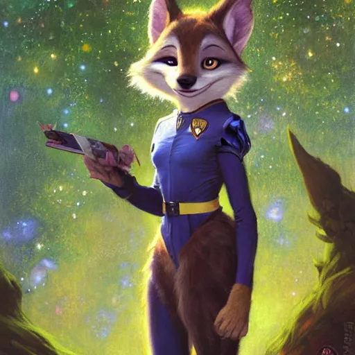 Prompt: a female bird wolf canine in starfleet uniform at night in a dark forest. zootopia fursona furaffinity furry art detailed face painting by gaston bussiere craig mullins jc leyendecker gustav klimt artgerm greg rutkowski furry