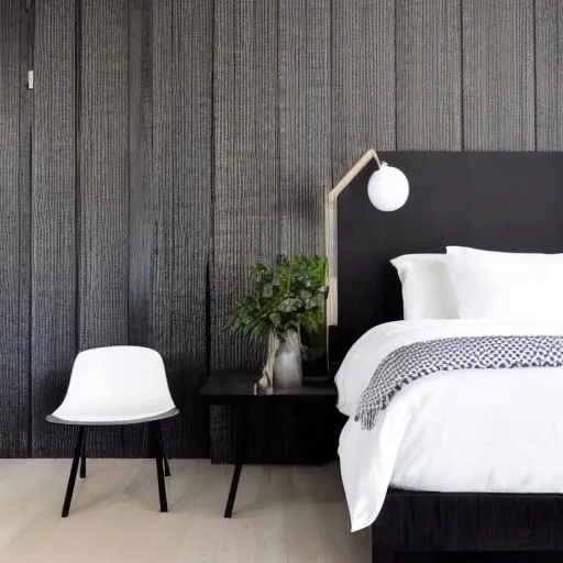 Image similar to bedroom, stone, interior design, stylish luxury hotel bedroom design, yakisugi, black vertical slatted timber, textures, feminine, black walls, art, vase with flowers, Japanese and Scandinavian influences