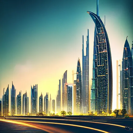 Prompt: “most advanced Dubai city dramatic lighting detailed straight lines and elegant curves beautiful sunset road network vegetation water lights birds clouds proportional symmetrical minimalism photorealistic sky render octane architecture design planning”