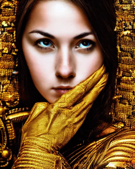 Image similar to mosaic portrait of woman in shining golden armor, high production value, intricate details, high resolution, hdr, high definition, masterpiece, realistic, ultrarealistic, highly detailed, hd, sharp focus, non blurry, sharp, smooth