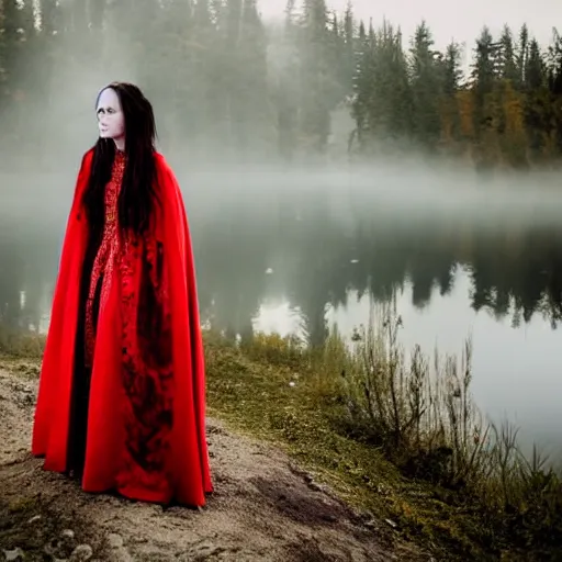 Image similar to beautiful lady with white long hair and dressed with a red victorian cloak, standing in a lake, mist, morning light, dreamy atmosphere, cinematic