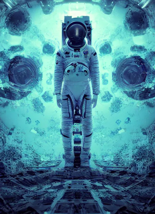 Image similar to symmetry concept art by craig mullins astronaut in futuristic dark and empty spaceship underwater. infrared glowing lights. complex and hyperdetailed technical suit. mandelbulb fractal. reflection and dispersion materials. rays and dispersion of light. volumetric light. 5 0 mm, f / 3 2. noise film photo. flash photography. unreal engine 4, octane render. interstellar movie art