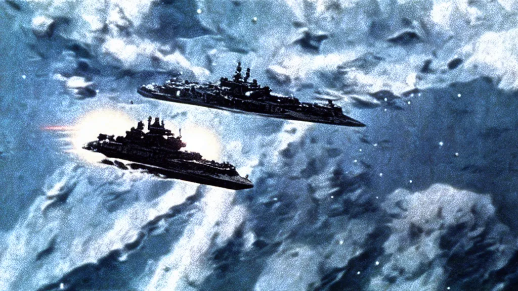 Image similar to Star wars destroyer floating above earth preparing to launch an attack, film still from the movie directed by Stanley Kubrick with art direction by Salvador Dalí, wide lens