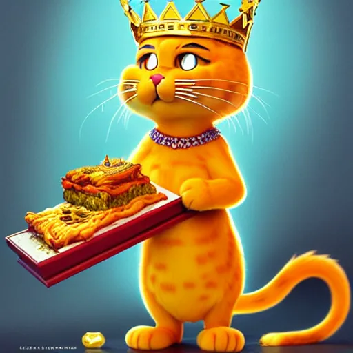 Prompt: fullbody!! personification of garfield the cat as a goddess holding lasagna wearing a crown of gleaming gems, stunning, hyperrealistic, trending on artstation, smooth and sharp, intricate, fine details, elegant, religious, dynamic pose, detailed and intricate environment, professional character concept art by tatyana kupriyanova and greg rutkowski and raymond swanland