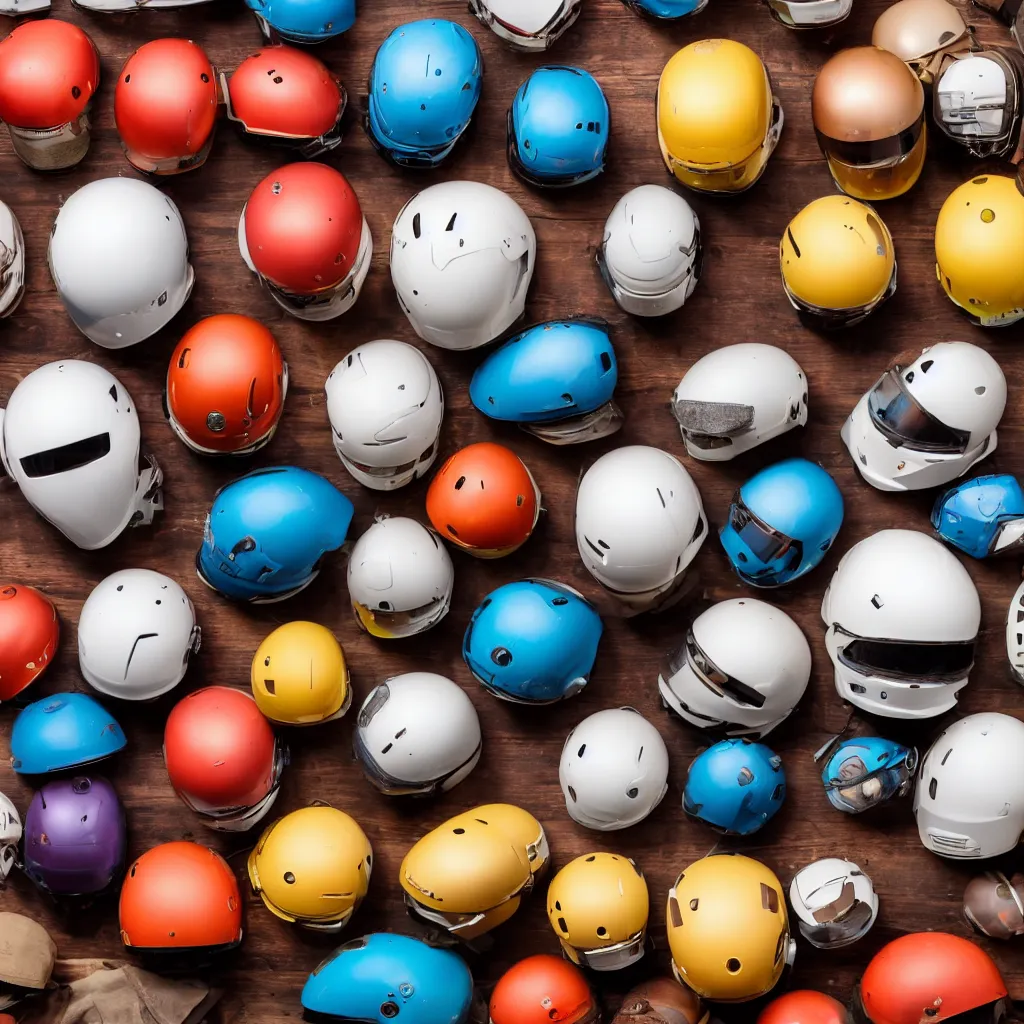 Prompt: a small collection of android helmets, inside different color wooden boxes. top down photo, close macro photo. studio photo, 8k