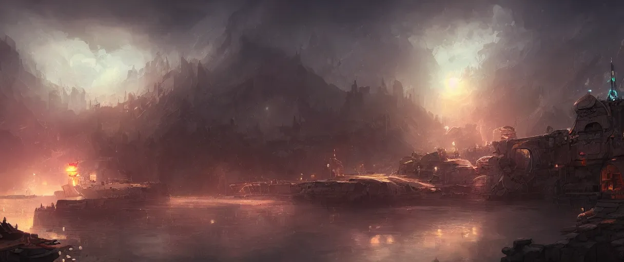 Image similar to ship used as a village on a hill, concept art, digital painting, style of jordan grimmer, warm lighting, futuristic, volumetric lighting, view from below,dark, nighttime, godrays, high detail