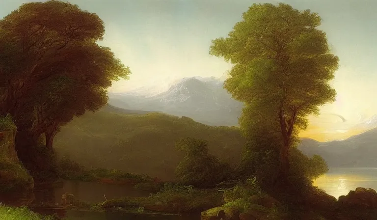 Prompt: A serene landscape with a singular building in the style of Thomas Cole.