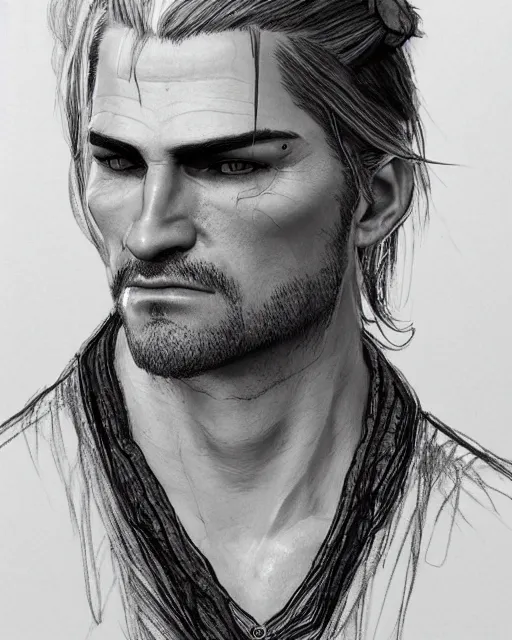 Prompt: A detailed frontal portrait pencil sketch of Gerald from The Witcher 3, with a beautiful fantasy forest background. Elegant, delicate, soft lines, higly detailed, smooth , pixiv art, ArtStation, pink hue, artgem, art by alphonse mucha charles reid mary cassatt and shirow masamune, high quality