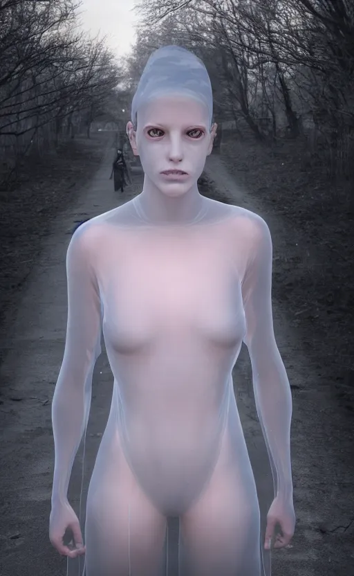 Image similar to a full shot photo of a translucent woman, invisible, streets, ghost, creepy, horror, scary, stressful, caucasian, feminine, nighttime, daytime, glow up, realistic, 8 k, hdr, extremely detailed