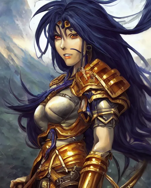 Image similar to An anime portrait of a beautiful D&D half-orc female with long wavy dark blue hair, bright orange eyes, intricate full body armour, fantasy soldier, by Stanley Artgerm Lau, WLOP, Rossdraws, James Jean, Andrei Riabovitchev, Marc Simonetti, and Sakimichan, highly detailed, ultra detailed, golden hour, trending on artstation, cgstudio