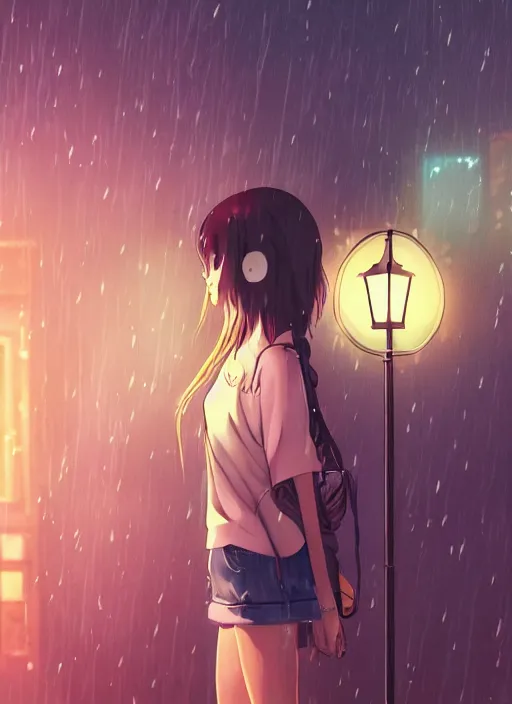 Image similar to listening to music at 2 am, night, pretty girl, pose, rain, lofi, lofi, peaceful, street light, anime key visual, poster, street wears, anime, by ghibli, ghibli studio high quality, 4 k, trending, trending on artstation