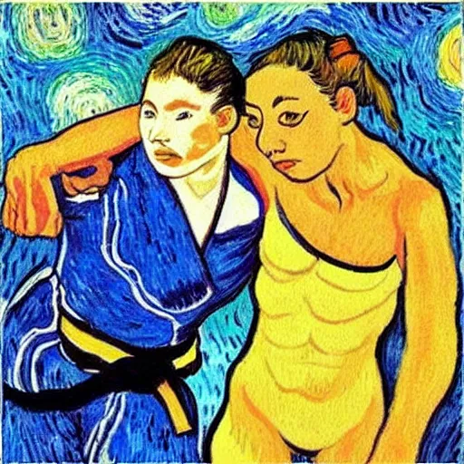 Image similar to “ two woman jujitsu, vincent can gogh ”