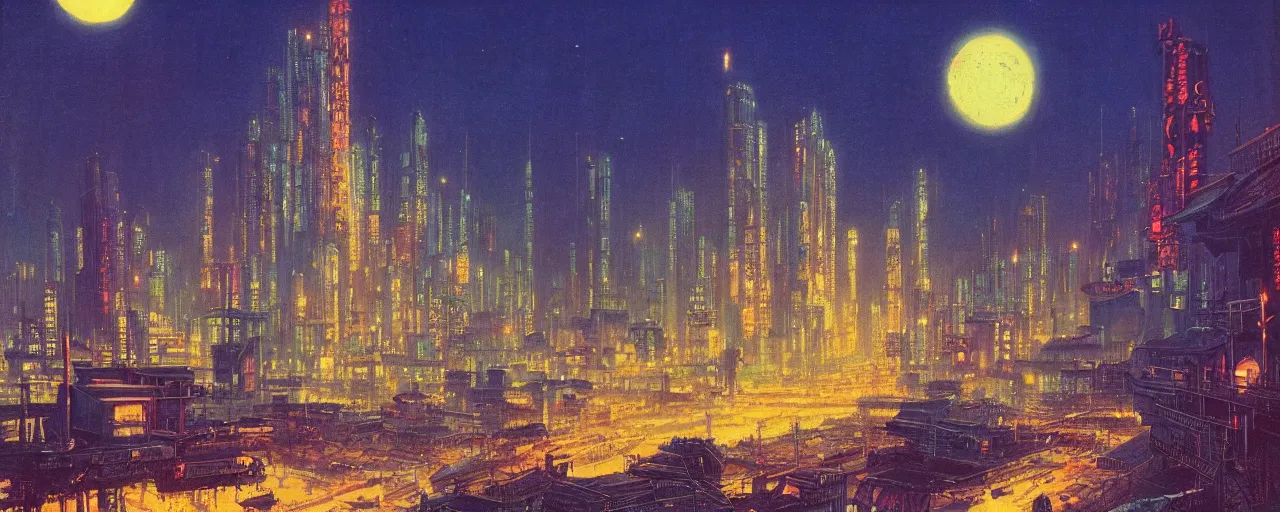 Image similar to awe inspiring bruce pennington cityscape, digital art painting of 1 9 6 0 s, antique japan at night, 4 k, matte