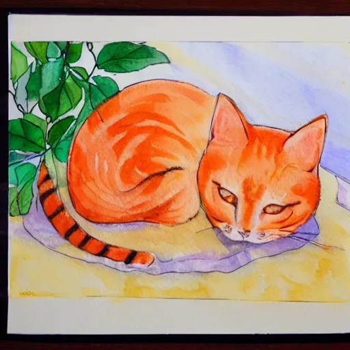 Image similar to A fat, cute orange cat in a beautiful room, cozy, watercolor on paper by CARY KWOK, details, lights, beautiful, 4K, 8K