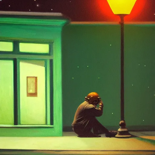 Image similar to a painting painting of a lonely man with a skull as his head waiting for the bus at night, green dramatic and cinematic light from the streetlight, the sky is full of stars, in the style of edward hopper, 4 k,