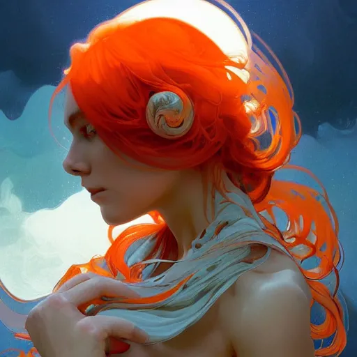 Image similar to swirls orange,cerulean,white gouache and a daub of midnight pain, intricate, highly detailed, digital painting, artstation, concept art, smooth, sharp focus, illustration, Unreal Engine 5, 8K, art by artgerm and greg rutkowski and alphonse mucha