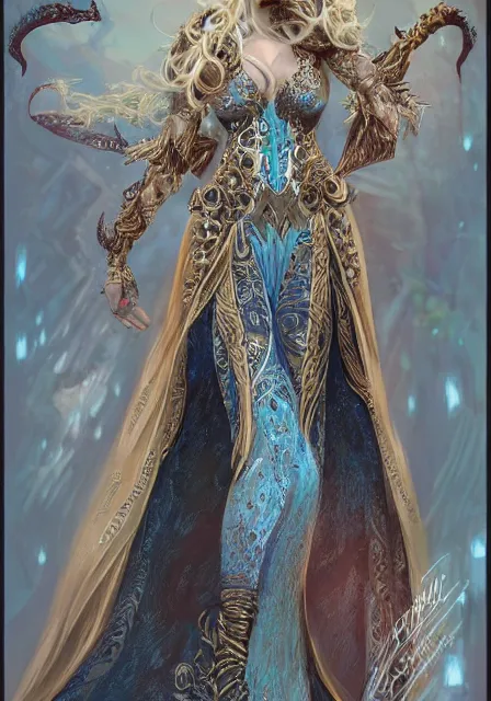 Image similar to beautiful female fantasy sorceress dressed in ornate robes, intricate, elegant, highly detailed, digital painting, artstation, concept art, smooth, sharp focus, illustration