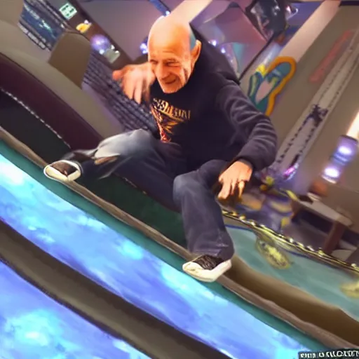 Image similar to kenny g doing a kickflip over patrick stewart at dave & busters, epic, cinematic, realism, ultra detailed, 8 k