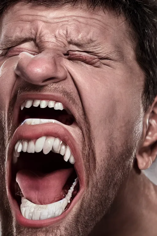 Image similar to uhd hyperrealistic photorealisitc hyperdetailed detailed portrait shot of a screaming man, studio lighting