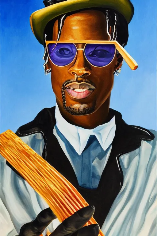 Prompt: travis scott with sunglasses and a top hat holding a katana, painting, beautiful, thick lines