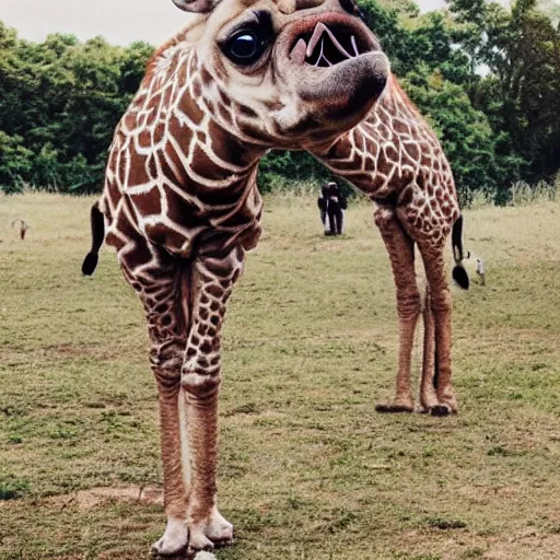 Image similar to a Giraffe-Pug Hybrid, A Giraffe that looks like a pug, huge tusks, afternoon hangout, good times photograph, candid