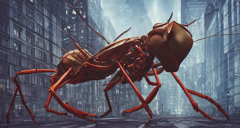 Image similar to giant insect on city streets, hyperdetailed, close up, artstation, cgsociety, night time, back lit 8k
