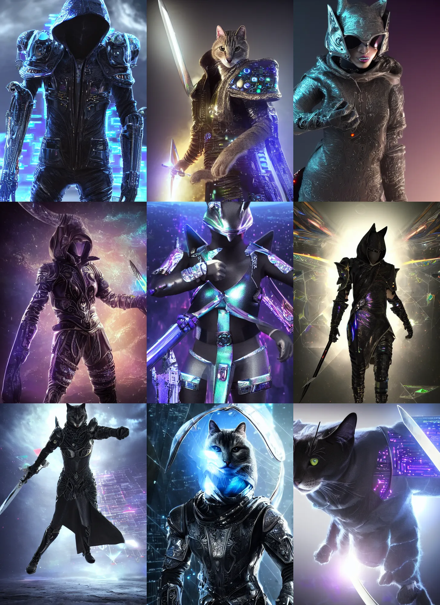 Prompt: Super realistic 8K render of a dark hooded powerful elegant elite feline assassin wearing iridescent armor coated in complex circuitry and motherboards and microchips and brandishing a celestial sword, extremely detailed, iridescent, high quality, epic, futuristic, octane render, beautiful, shimmering, deity