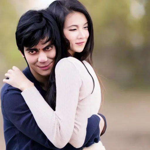 Image similar to handsome blackhaired guy hugs a cute beautiful girl from behind