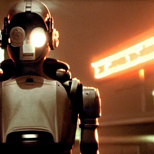 Image similar to movie still of a cyborg, facial expression, cinematic composition, cinematic light, surreal cinema, by edgar wright and david lynch,