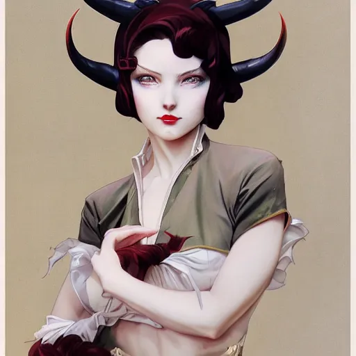 Image similar to a girl with red hair, white eyes, and demon horns with a devious grin. By JC Leyendecker Phuoc Quan. Makoto shinkai