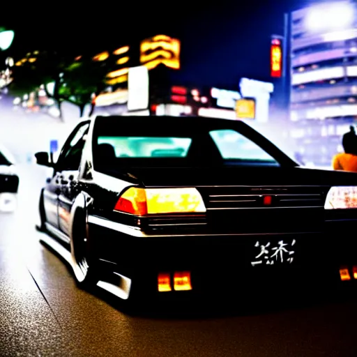 Image similar to a car JZX100 at illegal car meet, Shibuya prefecture, city midnight mist, cinematic color, photorealistic, highly detailed, 200MM