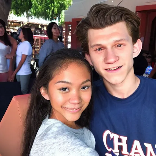 Prompt: Tom Holland with his arm around a beautiful Filipina college girl at Chapman University