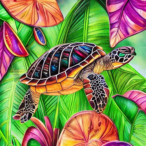 Prompt: turtle with beautiful spiral patterns and gemstones on shell surrounded by tropical plants detailed magical realism painting 4 k