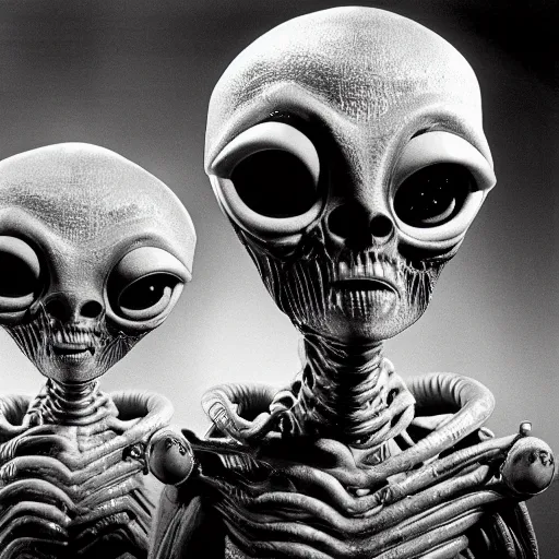 Image similar to portrait of aliens from Mars Attacks movie (1996) highly detailed, 50mm canon 1.4, award winning photograph by Yousuf Karsh