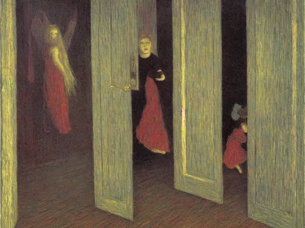 Prompt: this girl was struggling with the doors in a haunted house so the ghost came to the rescue. painting by henri moret, max ernst, agnes pelton
