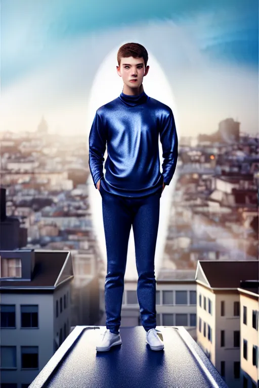 Image similar to un ultra high definition studio quality photographic art portrait of a young man standing on the rooftop of a british apartment building wearing soft padded silver pearlescent clothing. three point light. extremely detailed. golden ratio, ray tracing, volumetric light, shallow depth of field. set dressed.