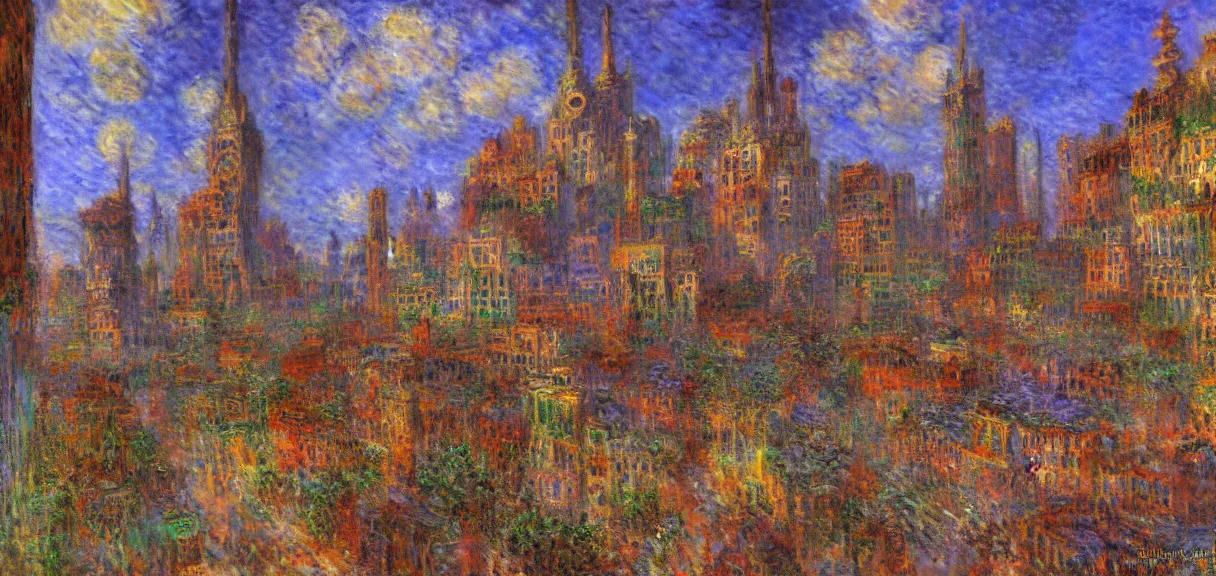 Prompt: a steampunk city in the style of claude monet, digital art.