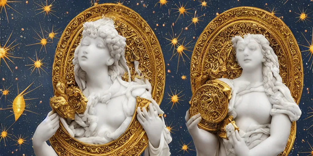 Prompt: white marble sculpture, intricate, majestic, baroque, portrait, sistina, saint Woman, Venus godness Athena, beautiful, gracious, pagans, marble and gold, space, stars, clouds, sun, greeks, coerent face, fruits, bioluminescent skin, Sky, Skies, bees, pomegranade, by annie leibovitz, render, artstation