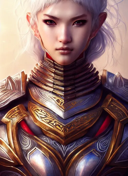 Image similar to warrior, intricate ornate opal heavy armor!!! beautiful and athletic white hair female!! gorgeous face and eyes!! character concept art, sharp focus, octane render! unreal engine 5! highly rendered!! trending on artstation!! detailed linework!! illustration by artgerm, wlop, and chie yoshii