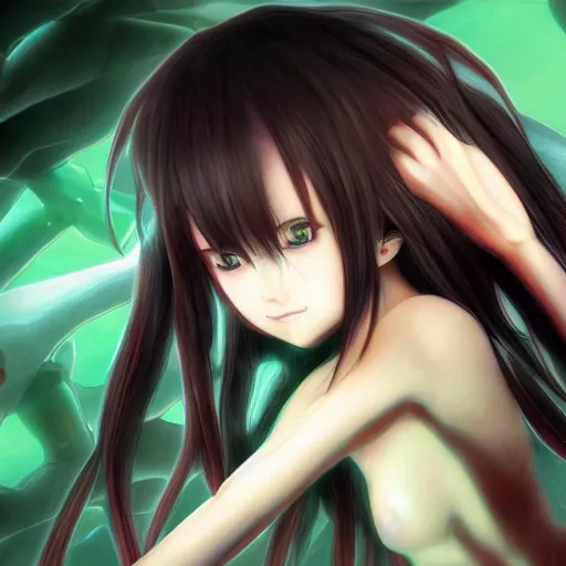 Image similar to saya (from saya no uta) trying to eat you hd 8k hyperreality tart by urobuchi gen, aramaki shinji, bodyhorror, meat