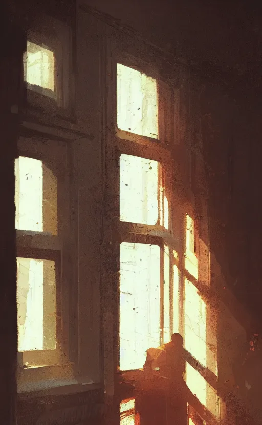 Prompt: man looking out a window, long shadow, dark room, warm vintage colors, by Greg Rutkowski, artstation