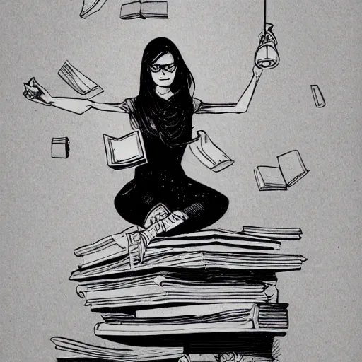 Prompt: clean simple line art of a woman with glasses sitting on top of a tall pile of books. white background. well composed, clean black and white line drawing, beautiful detailed face. illustration by josan gonzalez and steve ditko and greg rutkowski