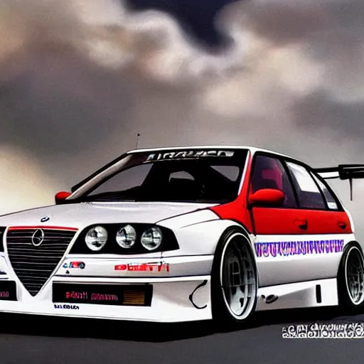 Prompt: synthwave alfa romeo 155 racing a mercedes 190 dtm wtcc elegant concept art smooth sharp focus futuristic cgsociety