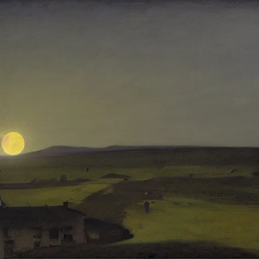 Image similar to dark solar eclipse, above a village, highly detailed, studio 4 k quality, by ramon casas