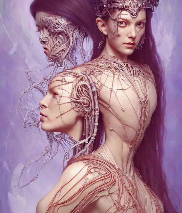 Image similar to fully symmetrical centered portrait of a beautiful princess in robe. artificial muscles, ribcage, bones, hard surface modelling. cyberpunk look. biomechanical mask. bio luminescent biomechanical halo around head. jellyfish. artwork by jarold Sng by artgerm, by Eddie Mendoza, by Peter mohrbacher by tooth wu by alfons mucha, unreal engine, octane render, cinematic light, iridescent details, iridescent colors, dichroic, macro, depth of field, blur